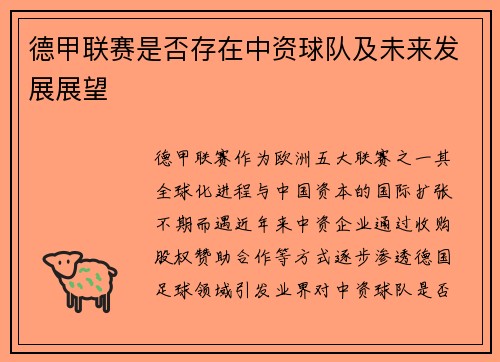 德甲联赛是否存在中资球队及未来发展展望